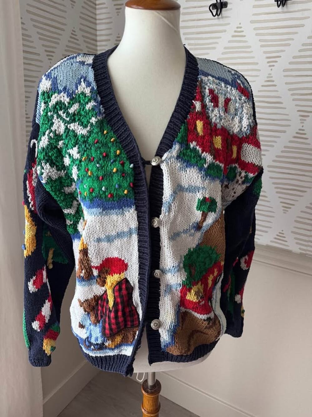 Vintage 90s Eagle’s Eye Knit Bear Family Christmas Holiday Winter Cardigan Large
